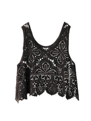 Black lace overlay cropped vest with intricate floral pattern and scalloped hem