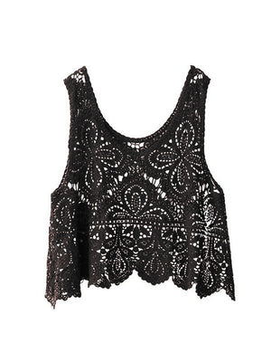 Black lace overlay cropped vest with intricate floral pattern and scalloped hem