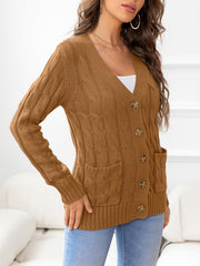 Camel textured cable-knit cardigan with V-neck, buttons, and pockets.