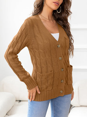 Camel textured cable-knit cardigan with V-neck, buttons, and pockets.