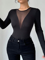 Black ribbed bodysuit with plunging sheer mesh neckline and long sleeves.
