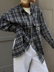 Plaid button-up shacket in dark navy with two chest pockets.