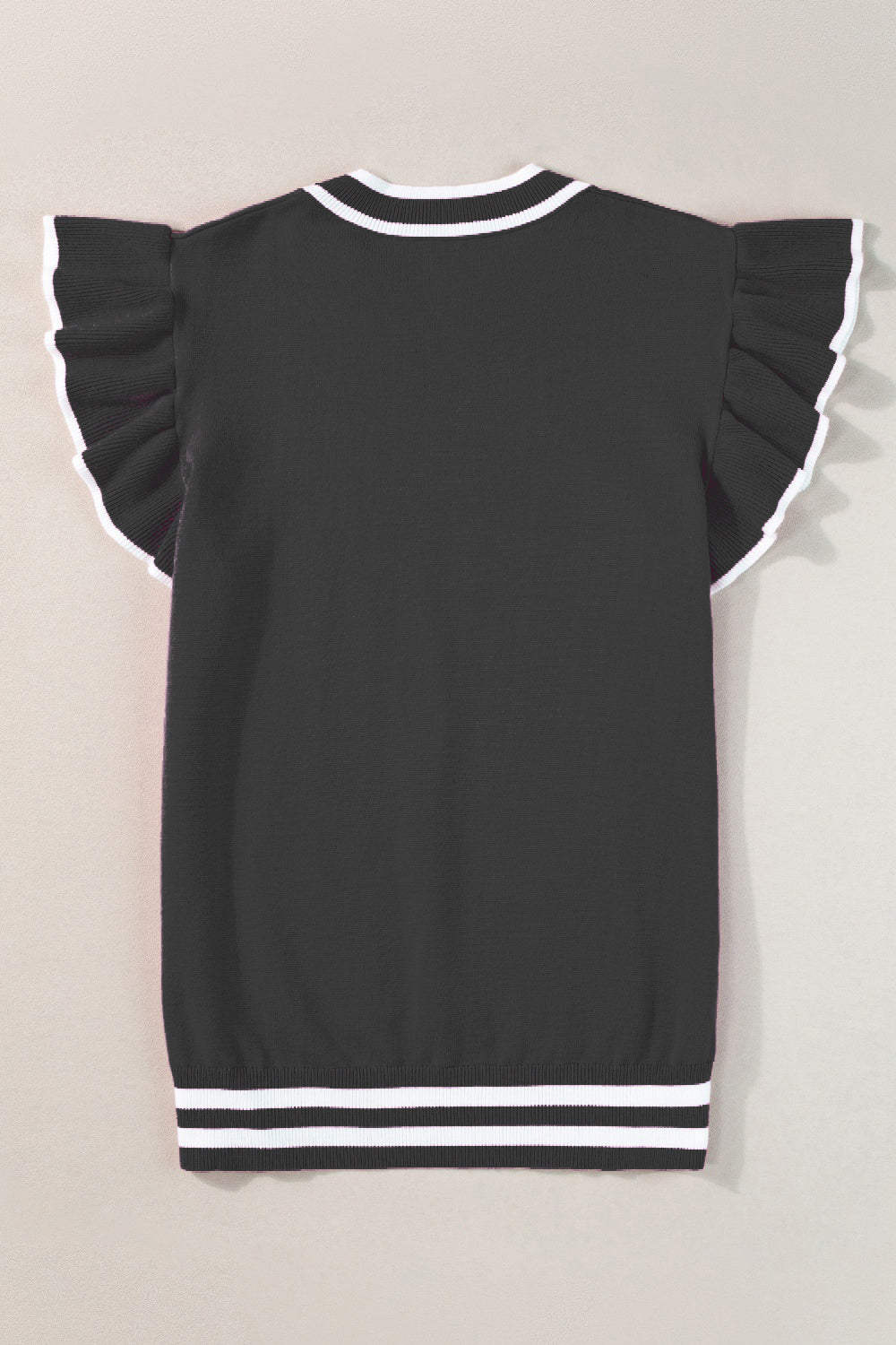 Black knit top with ruffled sleeves and contrast trim neckline and hem.