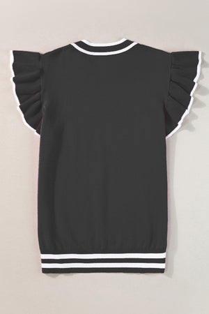 Black knit top with ruffled sleeves and contrast trim neckline and hem.