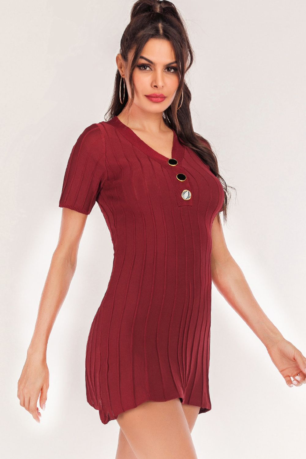 Burgundy ribbed knit mini dress with short sleeves and button front detail