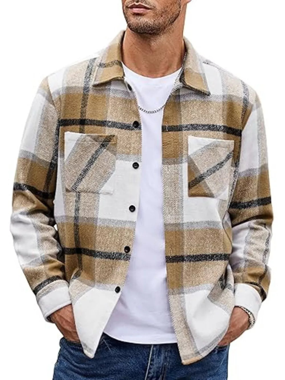 Men's brown and white plaid cotton button-up shirt with chest pockets
