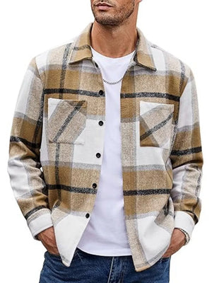 Men's brown and white plaid cotton button-up shirt with chest pockets