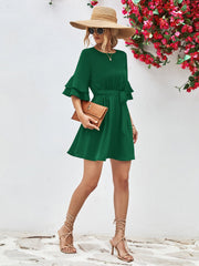 Forest green tiered sleeve tie-waist mini dress with a-line cut