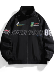 Black racing-inspired bomber jacket with graphic patches and "PEMIAIGA 85" text.
