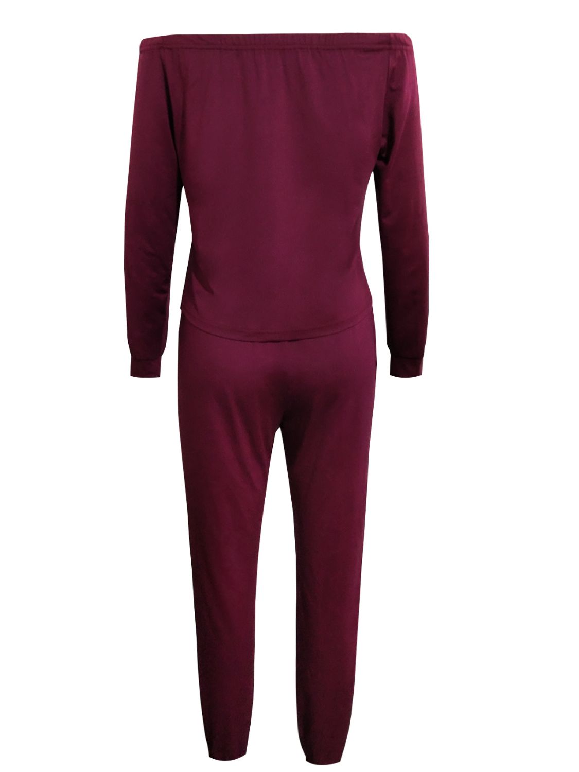 Burgundy off-shoulder lounge set with long sleeves and ruched hem pants.