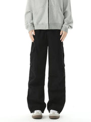 Relaxed fit black cargo pants with multiple utility pockets and a casual style.