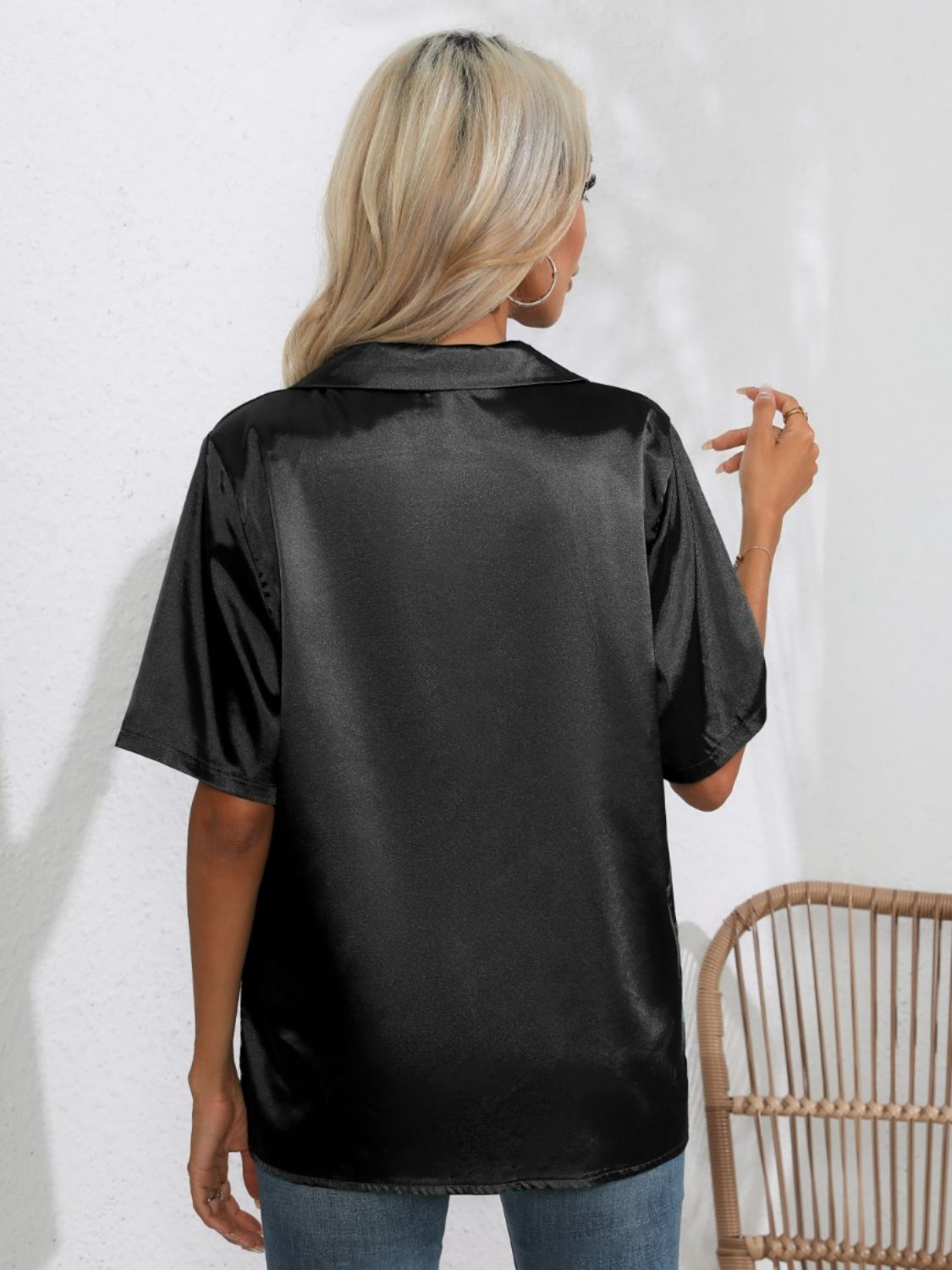 Black satin tie-front collared shirt with short sleeves