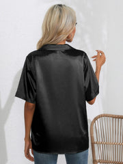 Black satin tie-front collared shirt with short sleeves
