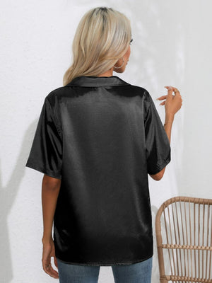 Black satin tie-front collared shirt with short sleeves
