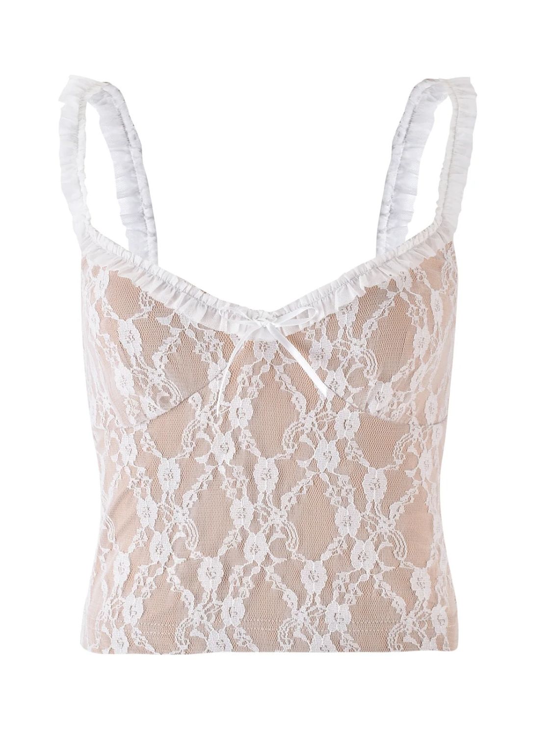 Lace ruffle trim cami with bow detail in tan with white lace overlay