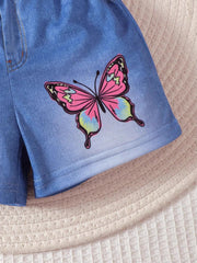 Baby denim shorts with a pink butterfly graphic.