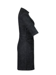 Zipper front denim shirt dress in grey with a belted waist and short sleeves.