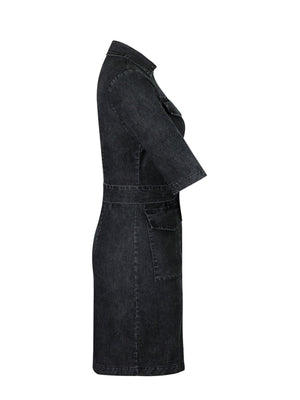 Zipper front denim shirt dress in grey with a belted waist and short sleeves.
