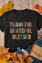 Black graphic tee with leopard print "Thankful Grateful Blessed" text.