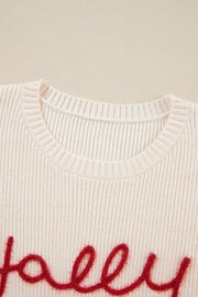 Ivory knit sweater with red festive script embroidery and crew neck.
