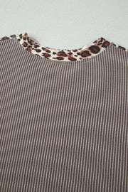 Ribbed knit two-piece set with leopard trim neckline