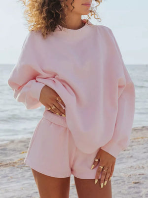 Luxe lounge set, crew neck sweatshirt, yellow, comfortable, women's sleepwear.
