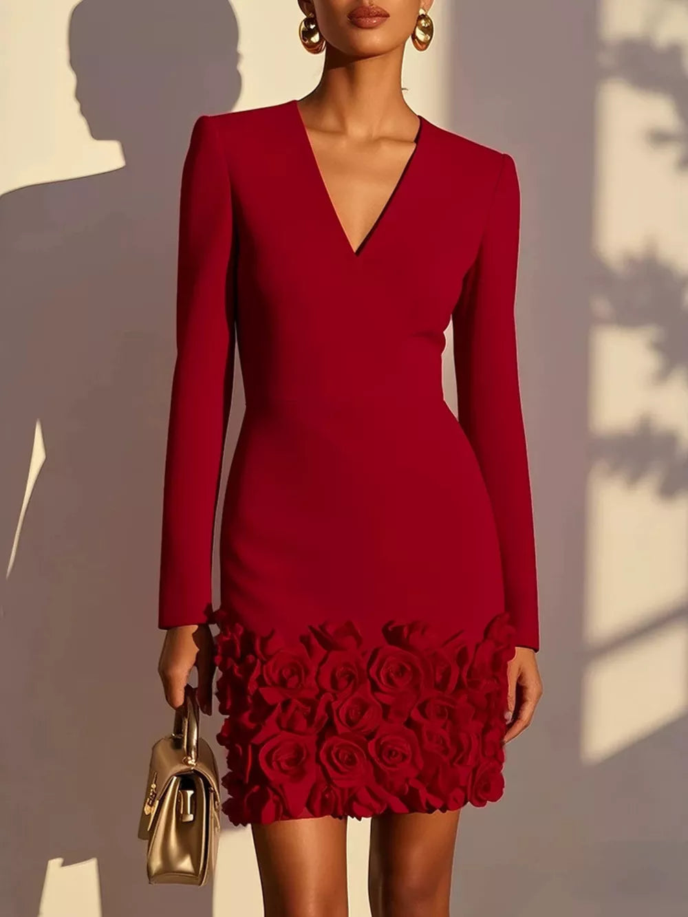 V-neck Mini Dress With Rose Embellishment in Burgundy, alternate angle