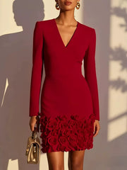V-neck Mini Dress With Rose Embellishment in Burgundy, alternate angle