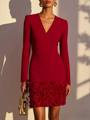 V-neck Mini Dress With Rose Embellishment in Burgundy, alternate angle