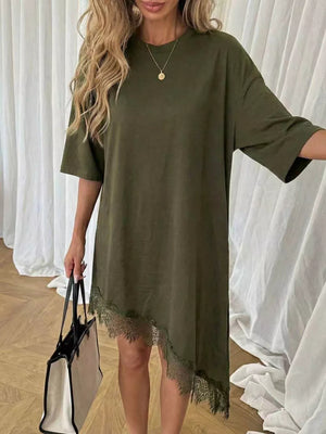 Army green asymmetrical t-shirt dress with lace trim hem and short sleeves.