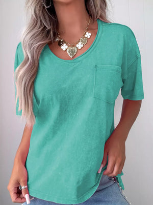 Teal mineral wash cotton tee with v-neck and chest pocket.