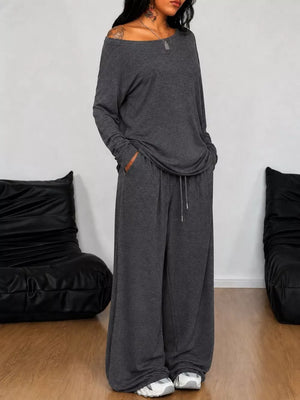 Loose Fit One-shoulder T-shirt And Pants Set Plus Size in Black, alternate angle