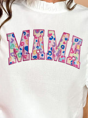 White Mama blouse with colorful leopard print appliqué letters and ruffled neckline.