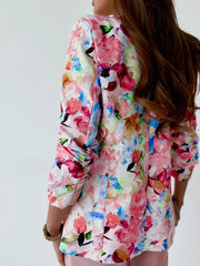 Vibrant Floral Print Open Front Blazer in Red, product detail