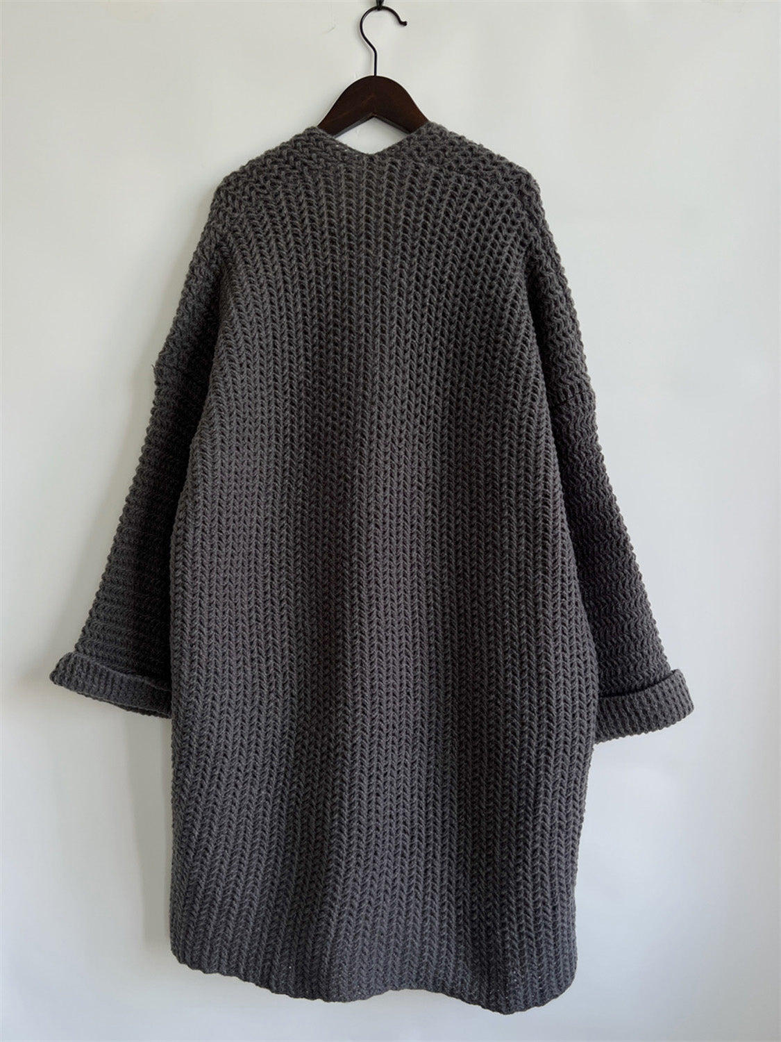 Chunky knit cocoon cardigan coat in charcoal with a relaxed fit and cuffed sleeves.