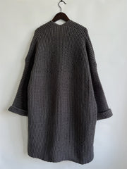 Chunky knit cocoon cardigan coat in charcoal with a relaxed fit and cuffed sleeves.