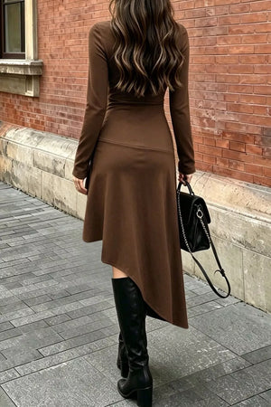 Ruched Asymmetrical Hem Long Sleeve Dress in Brown, side view