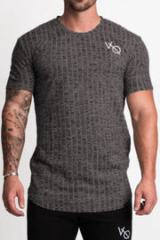 Gray textured ribbed tee with short sleeves and a subtle logo detail on the chest.