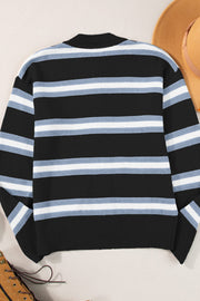 Black knit cardigan with retro stripes in white and light blue.
