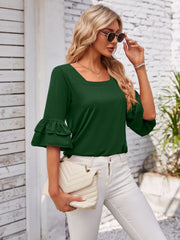 Dark Green ruffled sleeve square neck blouse with layered bell sleeves.