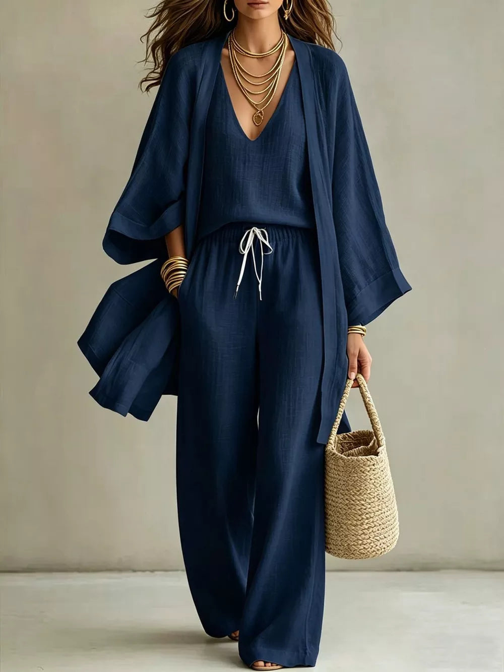 Relaxed V-neck Top And Cardigan Set