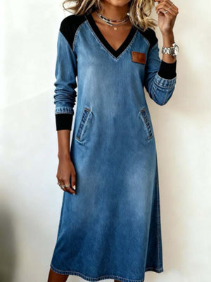 Full Size Contrast V-neck Midi Dress Plus Size in Multicolor, front view