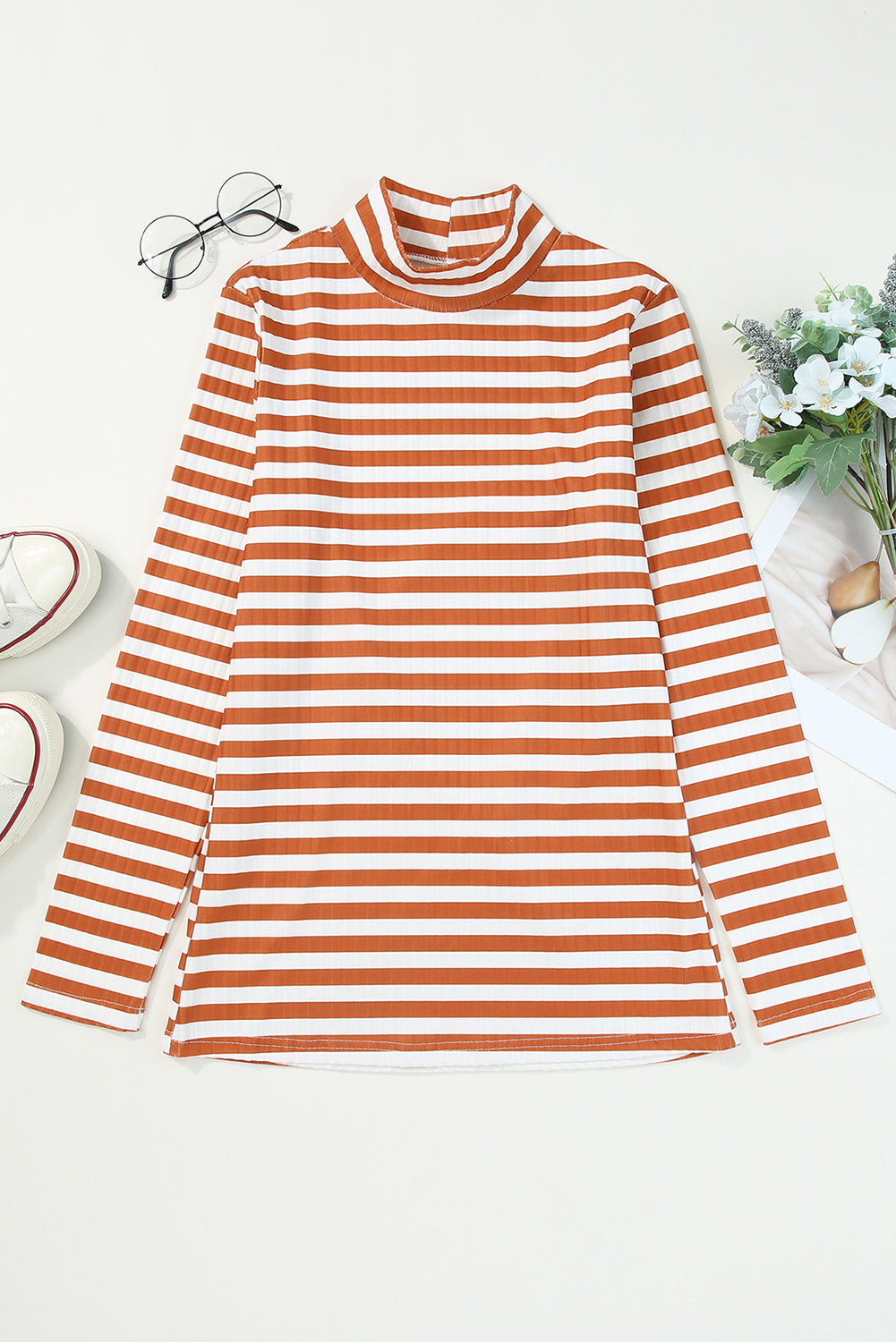Ribbed stripe slim-fit turtleneck sweater in Ochre and white, with long sleeves and mock neck.