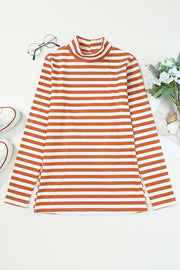 Ribbed stripe slim-fit turtleneck sweater in Ochre and white, with long sleeves and mock neck.