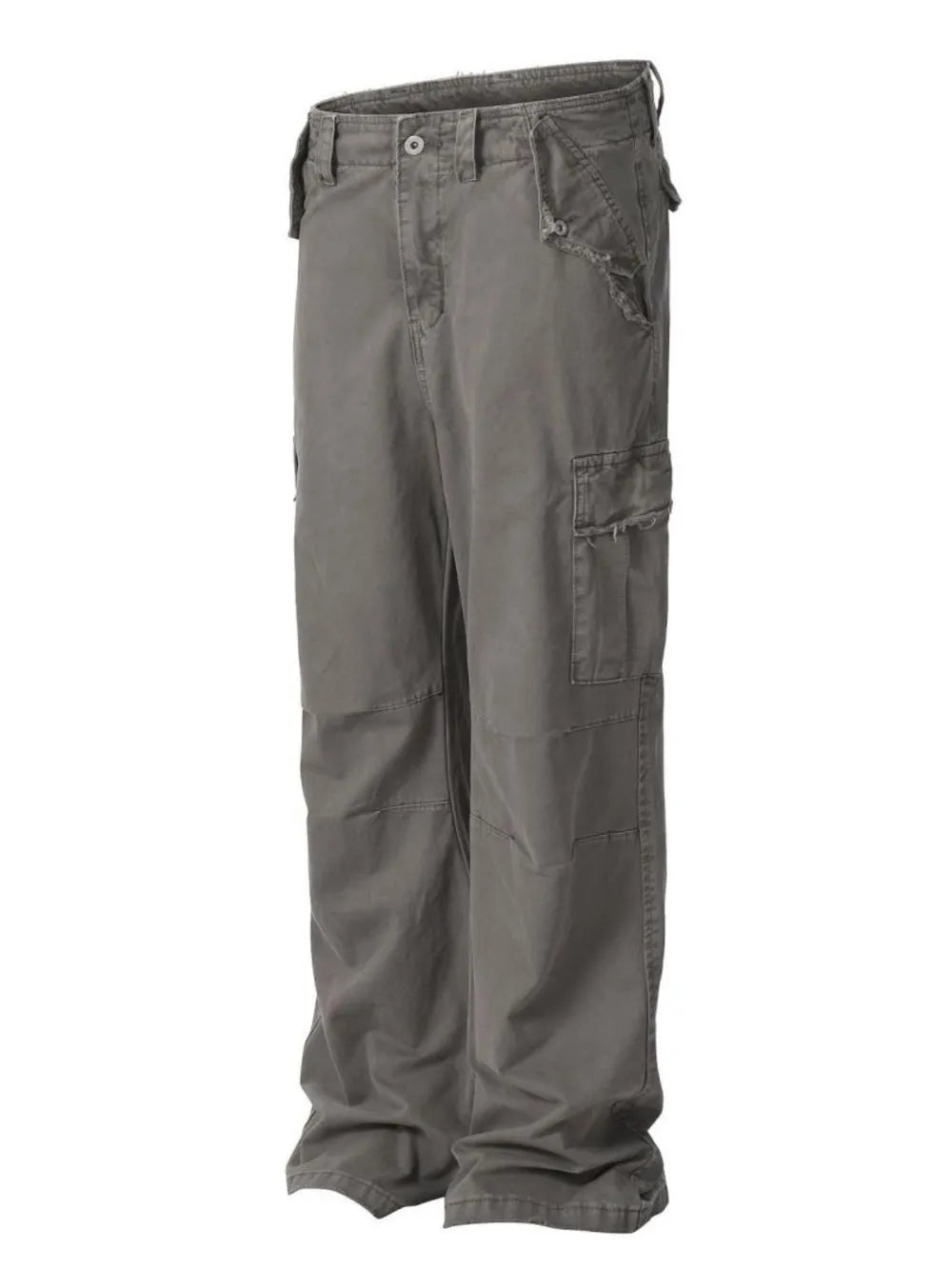 Gray distressed utility wide-leg cargo pants with frayed pocket details.