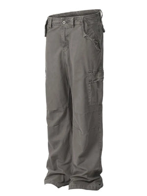 Gray distressed utility wide-leg cargo pants with frayed pocket details.