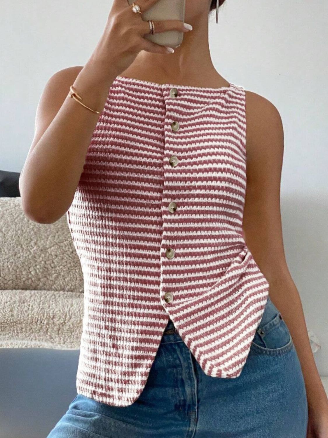 Textured stripe button-down tank top in deep red with a square neckline and button front.