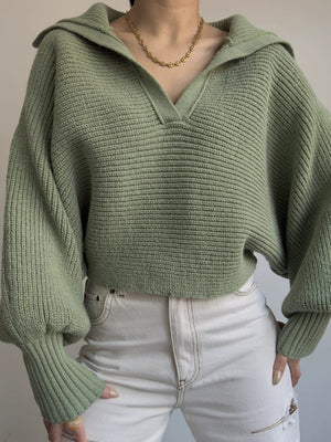 Army green knit sweater with wide collar and balloon sleeves.