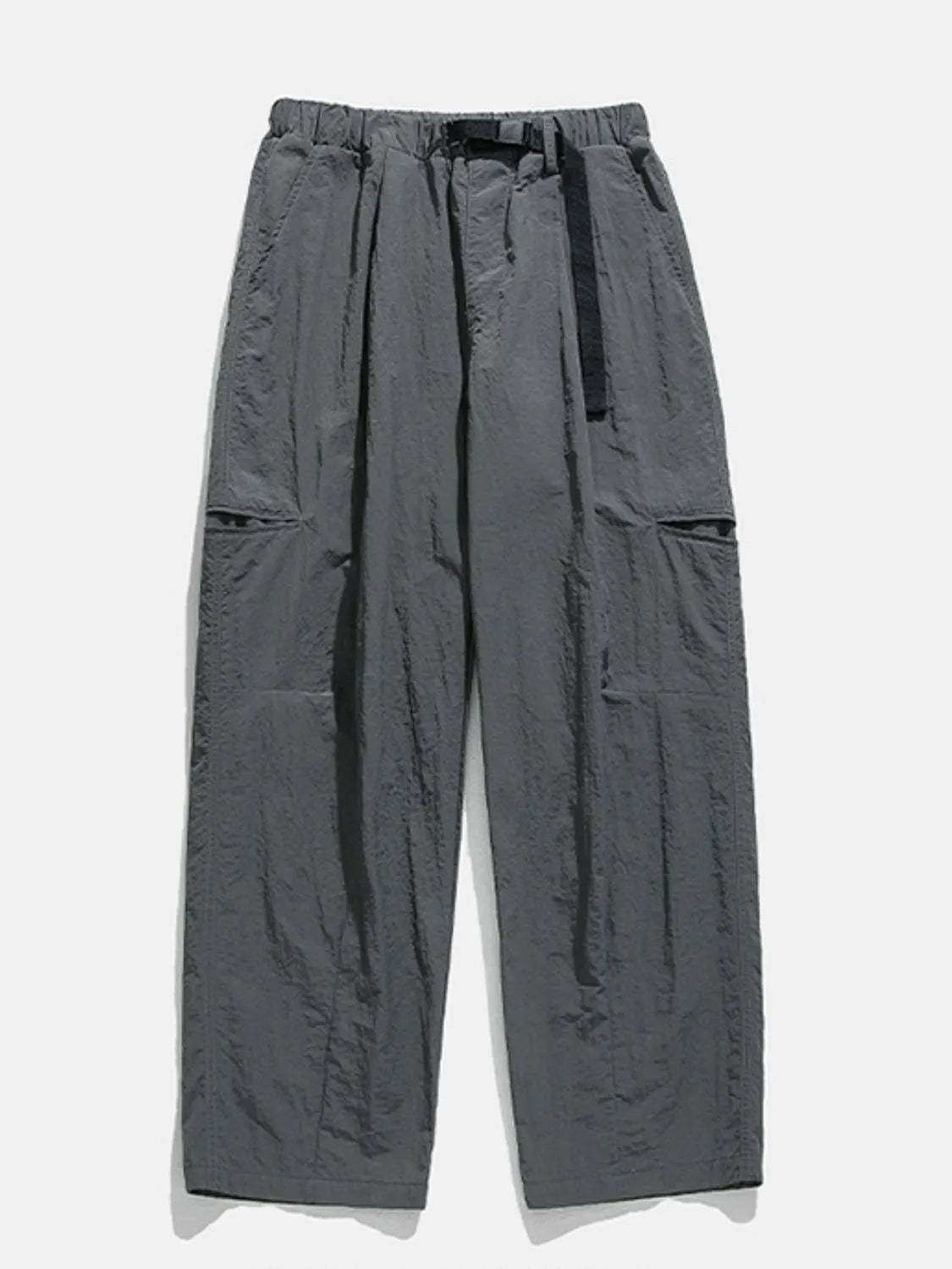 Dark gray technical fabric cargo pants with belt and multiple pockets