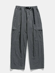 Dark gray technical fabric cargo pants with belt and multiple pockets